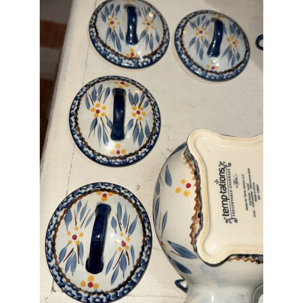 Temptations Ovenware Old World Blue Cow 2.5 qt Casserole & (4) 16 oz Ramekin Set